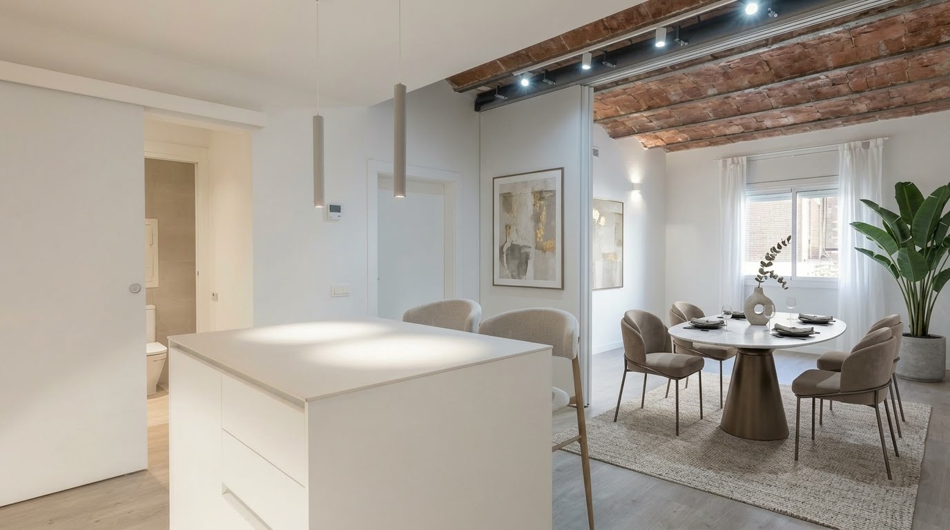 Cocina abierta con isla y volta catalana en piso reformado Gràcia
