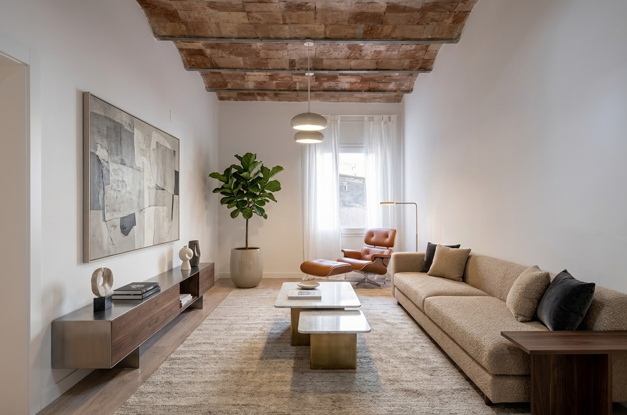 Salón con volta catalana y diseño de interiores en Gràcia